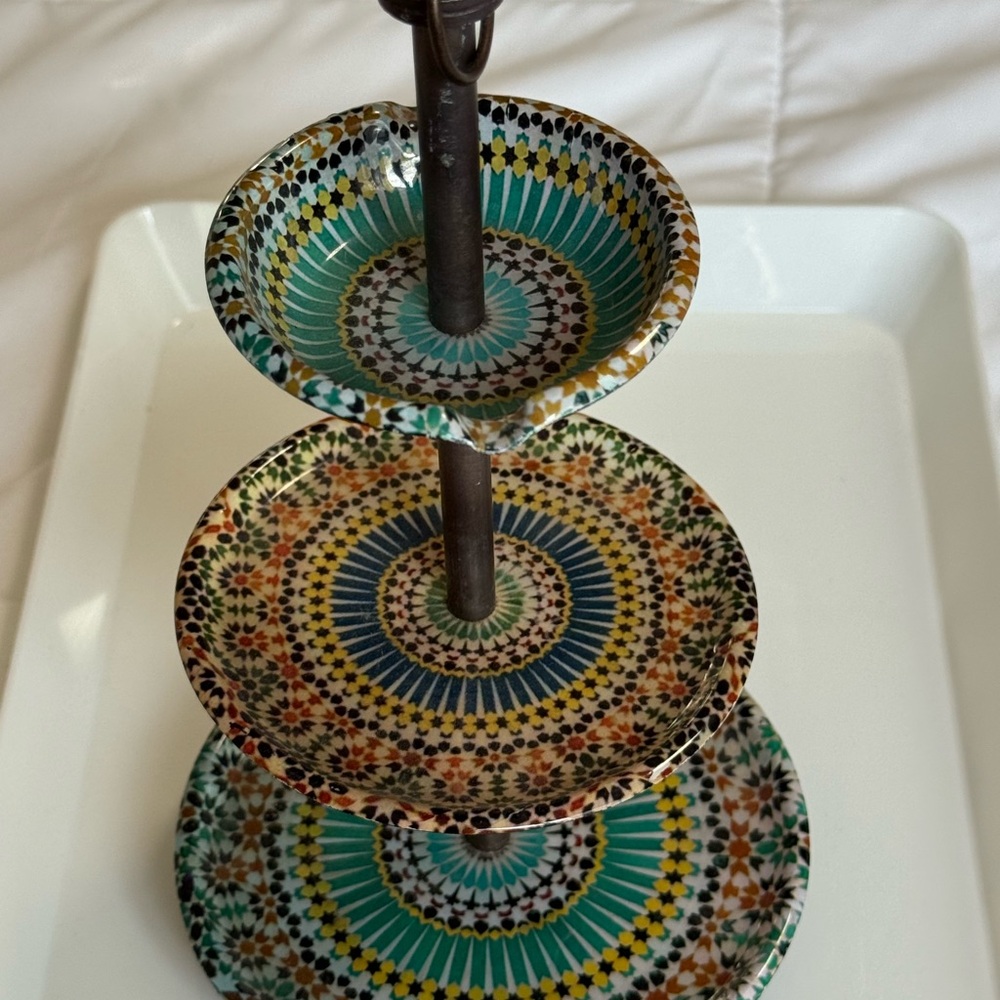 Cost Plus  Tiered metal Jewelry Stand painted in Turquoise, Gold, Blue - Picture 4 of 5